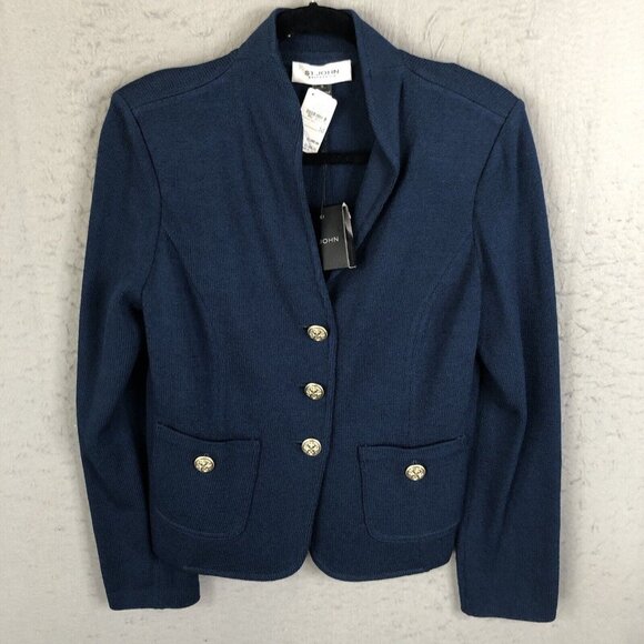 St John Collection Sweater Womens 10 Blue Santana Knit Cardigan Old Money NEW - Picture 1 of 16